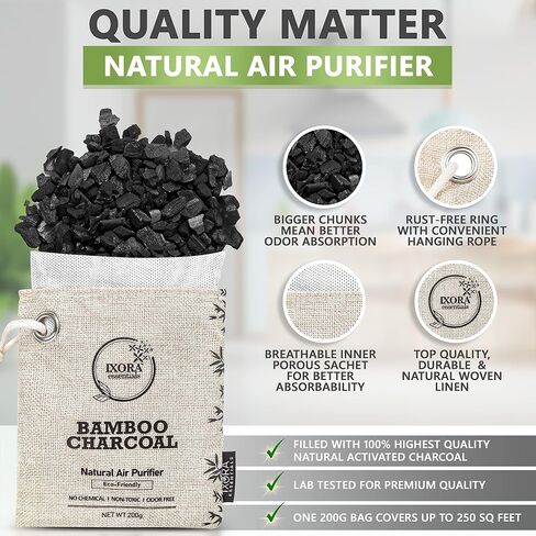 Ixora Essentials Bamboo Charcoal Air Purifying Bag, Charcoal Bags Odor Absorber for Home with Activated Bamboo Charcoal. 5 Pack (3 x 200g and 2 x 75g) of Charcoal Odor Absorber, Car Odor Eliminator, Pet Friendly in Saudi Arabia