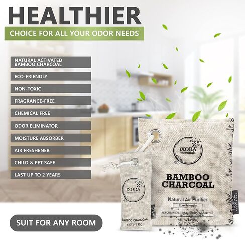 Ixora Essentials Bamboo Charcoal Air Purifying Bag, Charcoal Bags Odor Absorber for Home with Activated Bamboo Charcoal. 5 Pack (3 x 200g and 2 x 75g) of Charcoal Odor Absorber, Car Odor Eliminator, Pet Friendly in Saudi Arabia
