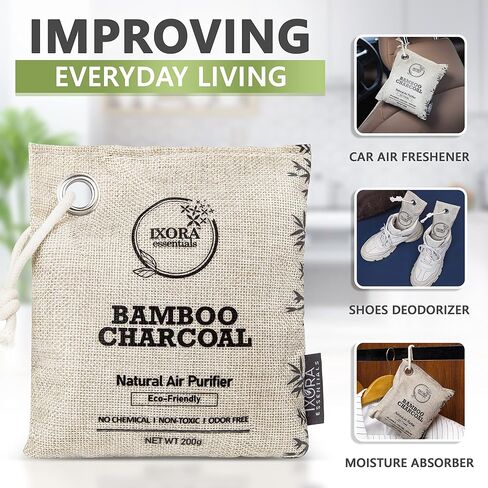 Ixora Essentials Bamboo Charcoal Air Purifying Bag, Charcoal Bags Odor Absorber for Home with Activated Bamboo Charcoal. 5 Pack (3 x 200g and 2 x 75g) of Charcoal Odor Absorber, Car Odor Eliminator, Pet Friendly in Saudi Arabia