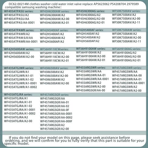 صمام مدخل مياه DC62-00214M مطور DC62 00214M صمام الملف اللولبي لمدخل مياه الغسالة، DC62-00214M لغسالة الملابس، صمام مدخل الماء البارد بديل AP5623062 PS4208704 2979589 لسامسونج، ضمان الجودة لمدة عامين in Kuwait