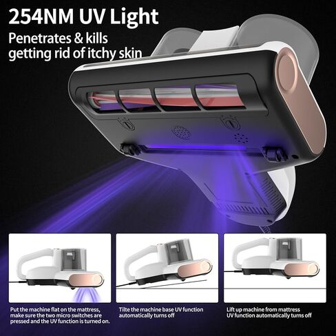 مكنسة كهربائية للمراتب، مكنسة كهربائية للسرير مع إضاءة أرجوانية وإزالة الرطوبة، شفط 12 كيلو باسكال 350 وات مكنسة غبار قوية للمراتب والأرائك والألعاب القطيفة والأسطح القماشية الأخرى (أبيض) in Kuwait