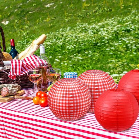 Blulu Picnic Party Decorations Red Paper Lanterns Checkered Round Hanging Lanterns for I Do BBQ Pizza Party Decorations Red and White Party Supplies(White and Red Plaid,6 Pieces) in Saudi Arabia