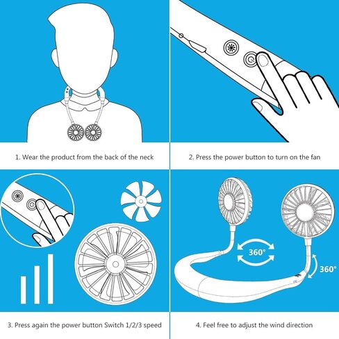Portable Neck Fan, USB Rechargeable Fan with 3 Speeds Adjustable, Neck Fans Portable Rechargable Prime with LED Lights - Black in Saudi Arabia