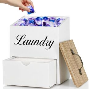 موزع ورق مجفف خشبي وحاوية لورق الغسيل لتنظيم غرفة الغسيل والتخزين، حامل ورقة مجفف مع درج وغطاء، حامل كبسولات الغسيل يثبت على الحائط لديكور غرفة الغسيل in Kuwait