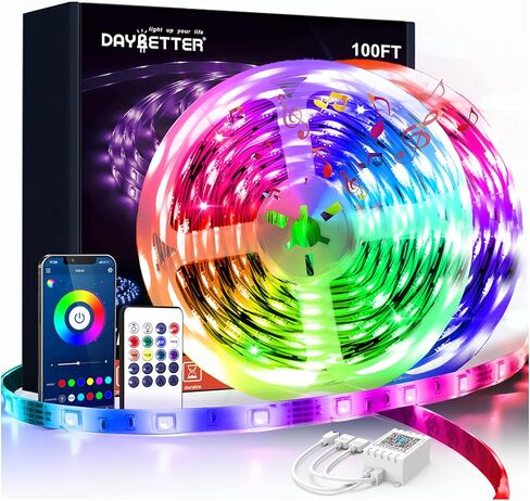 DAYBETTER أضواء الشريط الذكية المتغيرة الألوان مع التحكم عن بعد في التطبيق، مزامنة الموسيقى 5050 RGB لتزيين غرفة النوم، 100 قدم، لفتان بطول 50 قدم in Kuwait