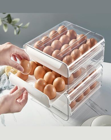 بيلدك حامل بيض للثلاجة، صينية بيض بسعة كبيرة، صندوق تخزين للبيض الطازج، صندوق منظم للثلاجة، حاوية تخزين بلاستيكية شفافة (طبقتين) in Kuwait