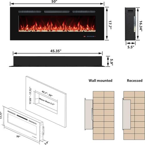 30" Electric Fireplaces Inserts, Recessed & Wall-Mounted Fireplace Heater with Thermostat, Multicolor Flames,Timer, Log & Crystal, 750/1500W in Kuwait
