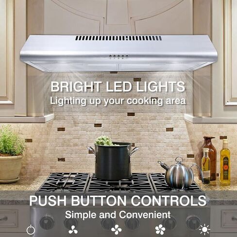 شفاط المطبخ من الفولاذ المقاوم للصدأ مقاس 30 بوصة KITCHENEXUS 200 CFM تحت الخزانة، شفاط مجاري / قناة قابلة للتحويل بدون مجاري مع إضاءة LED، ومرشحات قابلة لإعادة الاستخدام ومروحة عادم 3 سرعات، وفتحة تهوية نحيفة لغطاء المطبخ in Saudi Arabia