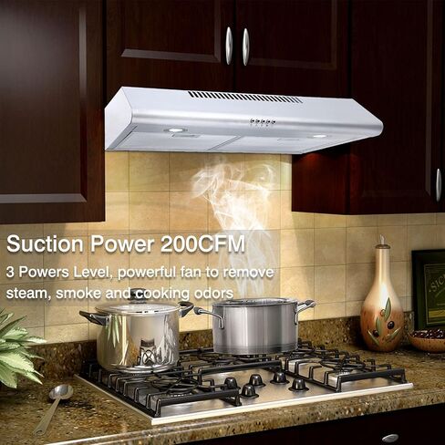 شفاط المطبخ من الفولاذ المقاوم للصدأ مقاس 30 بوصة KITCHENEXUS 200 CFM تحت الخزانة، شفاط مجاري / قناة قابلة للتحويل بدون مجاري مع إضاءة LED، ومرشحات قابلة لإعادة الاستخدام ومروحة عادم 3 سرعات، وفتحة تهوية نحيفة لغطاء المطبخ in Saudi Arabia