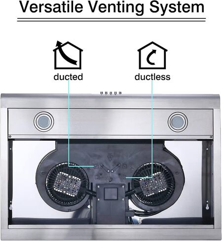 شفاط المطبخ من الفولاذ المقاوم للصدأ مقاس 30 بوصة KITCHENEXUS 200 CFM تحت الخزانة، شفاط مجاري / قناة قابلة للتحويل بدون مجاري مع إضاءة LED، ومرشحات قابلة لإعادة الاستخدام ومروحة عادم 3 سرعات، وفتحة تهوية نحيفة لغطاء المطبخ in Saudi Arabia