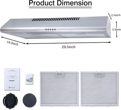 شفاط المطبخ من الفولاذ المقاوم للصدأ مقاس 30 بوصة KITCHENEXUS 200 CFM تحت الخزانة، شفاط مجاري / قناة قابلة للتحويل بدون مجاري مع إضاءة LED، ومرشحات قابلة لإعادة الاستخدام ومروحة عادم 3 سرعات، وفتحة تهوية نحيفة لغطاء المطبخ in Saudi Arabia