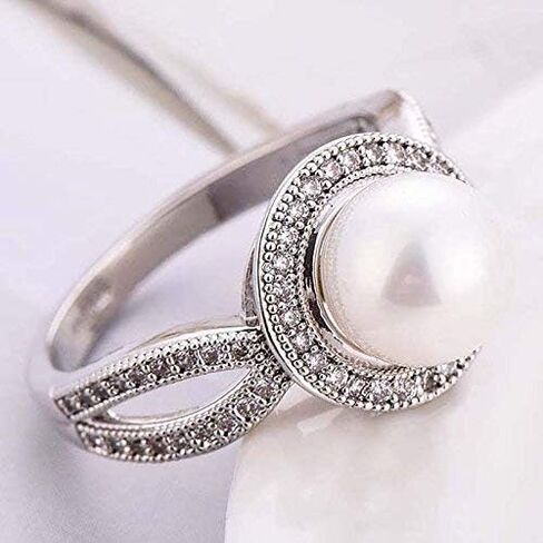 MauSong Women Pearl & White Sapphire 925 Sterling Silver Ring Wedding Party Jewelry New Size 6-10 (8) in Kuwait
