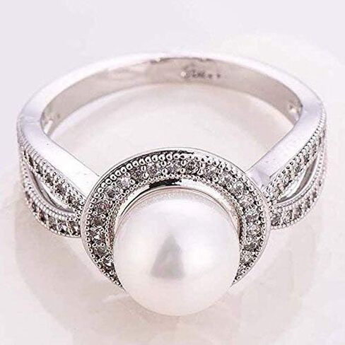MauSong Women Pearl & White Sapphire 925 Sterling Silver Ring Wedding Party Jewelry New Size 6-10 (8) in Kuwait
