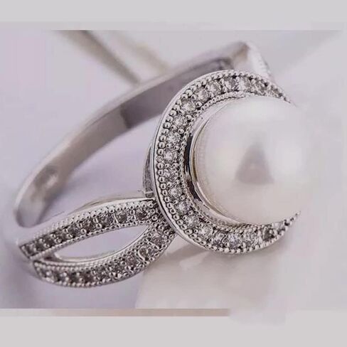 MauSong Women Pearl & White Sapphire 925 Sterling Silver Ring Wedding Party Jewelry New Size 6-10 (8) in Kuwait