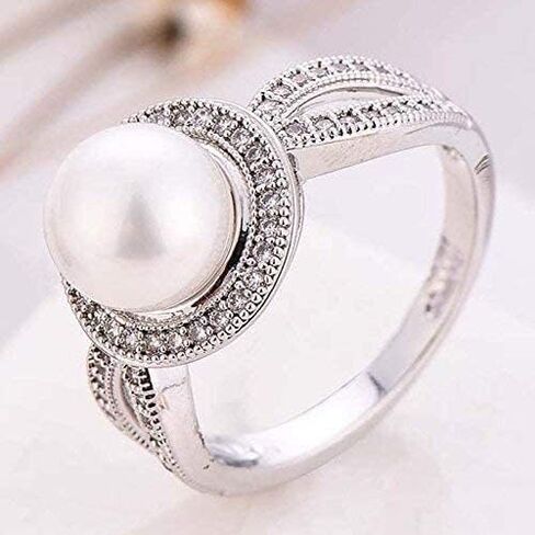MauSong Women Pearl & White Sapphire 925 Sterling Silver Ring Wedding Party Jewelry New Size 6-10 (8) in Kuwait