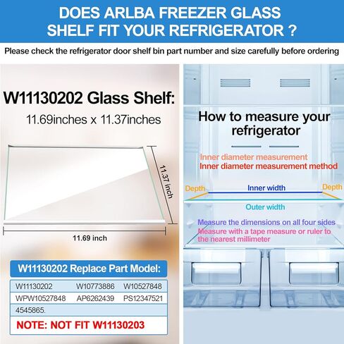 رف زجاجي للفريزر W11130202 مطور مقاس 11.69 بوصة × 11.37 بوصة متوافق مع ثلاجة الدوامة WRS571CIHZ04 سلسلة WRS571، WPW10527848 AP6262439 W10773886 جزء استبدال رف الثلاجة الزجاجي المقسى in Kuwait