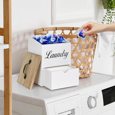 موزع ورق مجفف خشبي وحاوية لورق الغسيل لتنظيم غرفة الغسيل والتخزين، حامل ورقة مجفف مع درج وغطاء، حامل كبسولات الغسيل يثبت على الحائط لديكور غرفة الغسيل in Kuwait