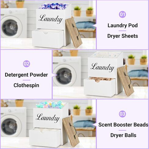 موزع ورق مجفف خشبي وحاوية لورق الغسيل لتنظيم غرفة الغسيل والتخزين، حامل ورقة مجفف مع درج وغطاء، حامل كبسولات الغسيل يثبت على الحائط لديكور غرفة الغسيل in Kuwait