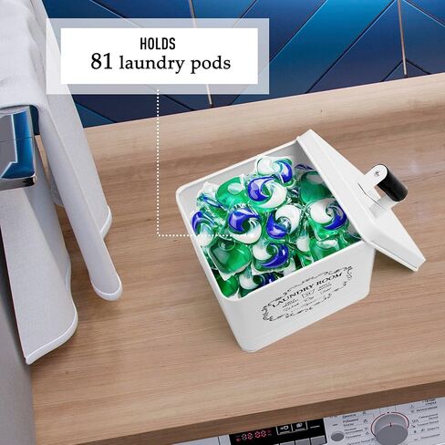 حاوية تنظيف الغسيل من ناين رويال - صندوق تخزين مزخرف لغرفة الغسيل - ديكور غرفة الغسيل - نمط عتيق - صندوق معدني مع علامة حروف كلاسيكية، لمسة نهائية معتقة، مغرفة قياس in Kuwait