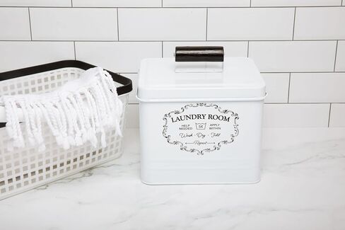 حاوية تنظيف الغسيل من ناين رويال - صندوق تخزين مزخرف لغرفة الغسيل - ديكور غرفة الغسيل - نمط عتيق - صندوق معدني مع علامة حروف كلاسيكية، لمسة نهائية معتقة، مغرفة قياس in Kuwait