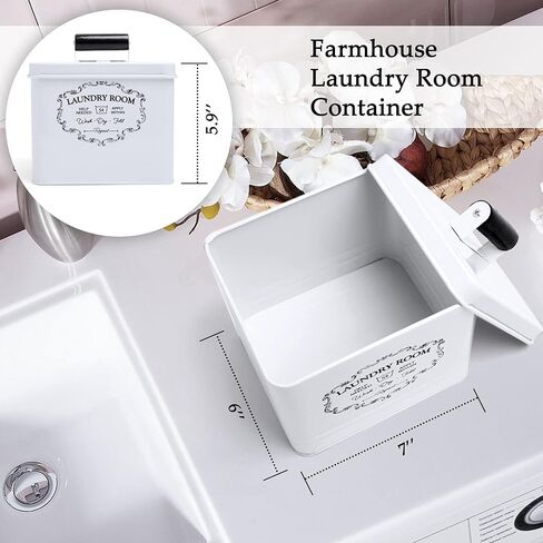 حاوية تنظيف الغسيل من ناين رويال - صندوق تخزين مزخرف لغرفة الغسيل - ديكور غرفة الغسيل - نمط عتيق - صندوق معدني مع علامة حروف كلاسيكية، لمسة نهائية معتقة، مغرفة قياس in Kuwait