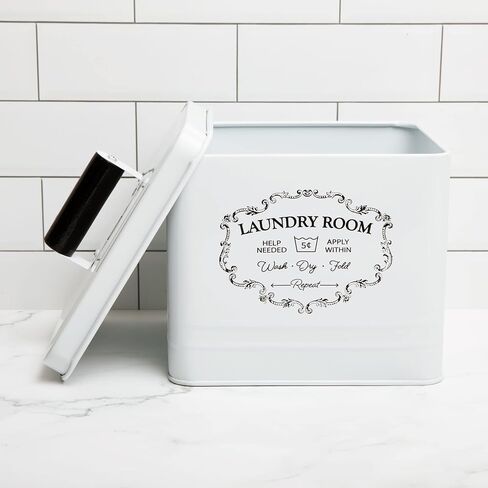 حاوية تنظيف الغسيل من ناين رويال - صندوق تخزين مزخرف لغرفة الغسيل - ديكور غرفة الغسيل - نمط عتيق - صندوق معدني مع علامة حروف كلاسيكية، لمسة نهائية معتقة، مغرفة قياس in Kuwait