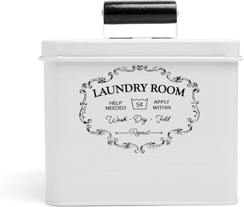 حاوية تنظيف الغسيل من ناين رويال - صندوق تخزين مزخرف لغرفة الغسيل - ديكور غرفة الغسيل - نمط عتيق - صندوق معدني مع علامة حروف كلاسيكية، لمسة نهائية معتقة، مغرفة قياس in Kuwait