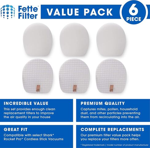 فلتر Fette - مرشحات لباد ورغوة ما قبل المحرك متوافقة مع مكانس Shark IX140، IX141، IZ140، IZ142، IZ162H، UZ145 Rocket Pro اللاسلكية. قارن بالجزء رقم 617FJ140. حزمة من 3 in Kuwait