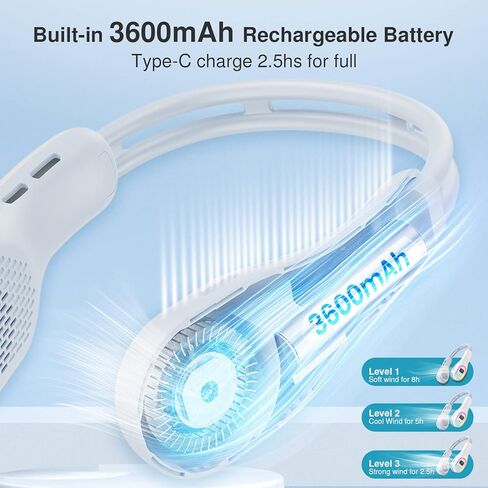 مروحة الرقبة، مروحة خالية من الشفرة بدون استخدام اليدين، مروحة تبريد شخصية بزاوية 360 درجة، مروحة هادئة صغيرة يمكن ارتداؤها للأماكن الخارجية في الأماكن المغلقة، وظيفة إضاءة LED7 ألوان، بطارية 3600 مللي أمبير قابلة لإعادة الشحن عبر USB، 3 سرعات للنساء والر in Kuwait