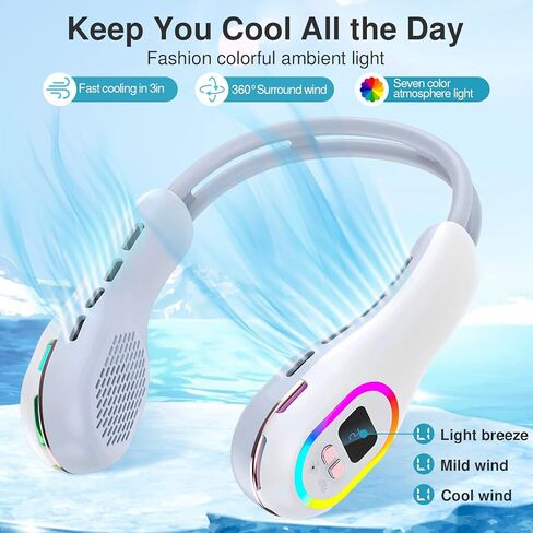 مروحة الرقبة، مروحة خالية من الشفرة بدون استخدام اليدين، مروحة تبريد شخصية بزاوية 360 درجة، مروحة هادئة صغيرة يمكن ارتداؤها للأماكن الخارجية في الأماكن المغلقة، وظيفة إضاءة LED7 ألوان، بطارية 3600 مللي أمبير قابلة لإعادة الشحن عبر USB، 3 سرعات للنساء والر in Kuwait