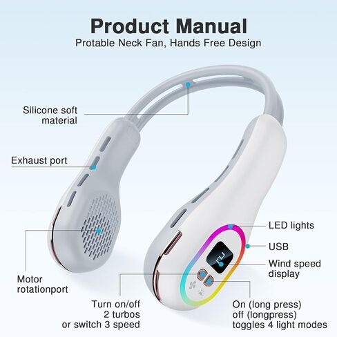 مروحة الرقبة، مروحة خالية من الشفرة بدون استخدام اليدين، مروحة تبريد شخصية بزاوية 360 درجة، مروحة هادئة صغيرة يمكن ارتداؤها للأماكن الخارجية في الأماكن المغلقة، وظيفة إضاءة LED7 ألوان، بطارية 3600 مللي أمبير قابلة لإعادة الشحن عبر USB، 3 سرعات للنساء والر in Kuwait