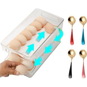 موزع بيض القمر للثلاجة - 24 حامل بيض دوار للثلاجة وحاوية تخزين البيض ودرج البيض للثلاجة وصينية البيض للثلاجة مع 4 ملاعق، رمادي in Kuwait
