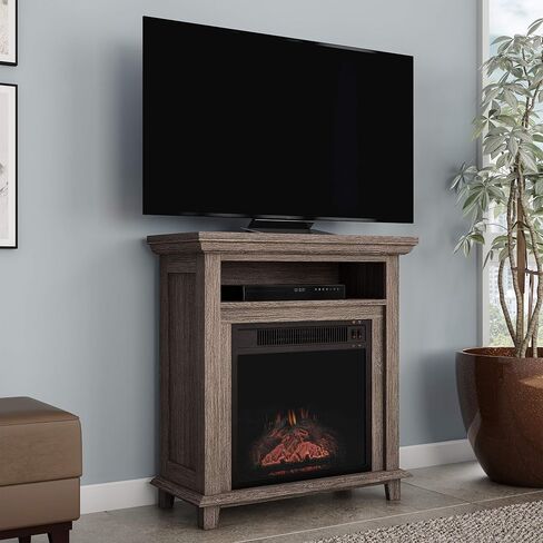 Electric Fireplace TV Stand - 29-Inch Freestanding Console with Shelf, Faux Log and LED Flame - Space Heater Entertainment Center by Northwest (Black) in Saudi Arabia