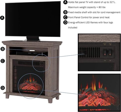 Electric Fireplace TV Stand - 29-Inch Freestanding Console with Shelf, Faux Log and LED Flame - Space Heater Entertainment Center by Northwest (Black) in Saudi Arabia