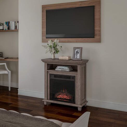 Electric Fireplace TV Stand - 29-Inch Freestanding Console with Shelf, Faux Log and LED Flame - Space Heater Entertainment Center by Northwest (Black) in Saudi Arabia