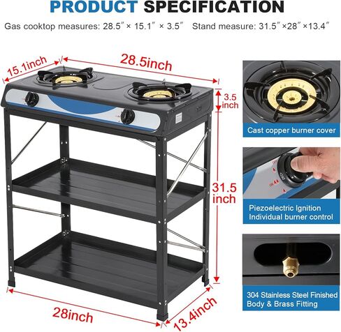 Propane Gas Stove 2 Burner Gas Stove with Removable Leg Stand Portable Gas Stove Black Auto Ignition Camping Dual Burner LPG for RV, Apartment, Outdoor in Kuwait
