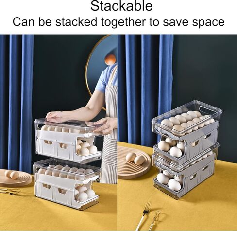 موزع بيض القمر للثلاجة - 24 حامل بيض دوار للثلاجة وحاوية تخزين البيض ودرج البيض للثلاجة وصينية البيض للثلاجة مع 4 ملاعق، رمادي in Kuwait