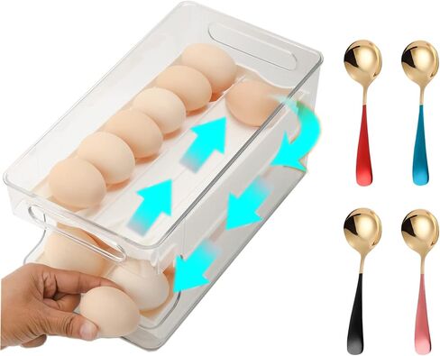 موزع بيض القمر للثلاجة - 24 حامل بيض دوار للثلاجة وحاوية تخزين البيض ودرج البيض للثلاجة وصينية البيض للثلاجة مع 4 ملاعق، رمادي in Kuwait