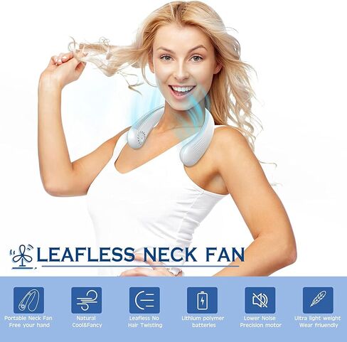 MQUPIN Portable Neck Fan, Bladeless Neck Fan 3 Speeds Adjustable, 360° Cooling 62 Air Outlet Personal Fan, 16H Working Time Cooling Fan for Outdoor Traveling Work Kitchen (White) in Kuwait