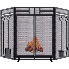 Grandhom Fireplace Screen with Tool Set,3 Panel Foldable Metal Fireplace Guard Indoor Outdoor,2 Doors Wrought Iron Fireplace Safety Gate with 4 Tools,Black in Saudi Arabia