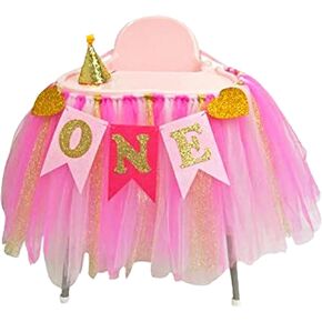 Kaptin 1st Birthday Baby Gold Pink Tutu Skirt and Banner for High Chair Decoration for Party Supplies (Pink) in Kuwait