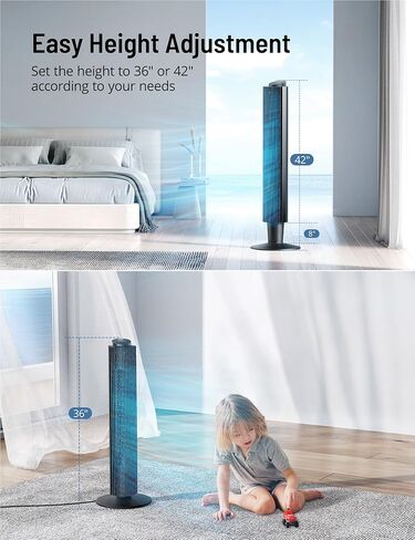 مروحة برج مع جهاز تحكم عن بعد، باريس رون 90 درجة مروحة تبريد هادئة متأرجحة، ارتفاع قابل للتعديل 42 بوصة أو 36 بوصة، 5 سرعات، وضع السكون، مؤقت 12 ساعة، مروحة غرفة طويلة قائمة لغرفة النوم والمكتب والمنزل in Kuwait