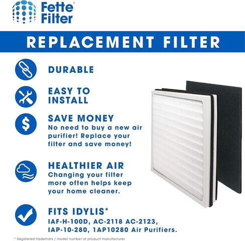 Fette Filter - Air Purifier Filter Compatible with Idylis Air Purifiers Type D. Compatible with IAF-H-100D, AC-2118 AC-2123, IAP-10-280, 1AP10280. Includes 1 HEPA Filter & 1Carbon Filter. in Saudi Arabia