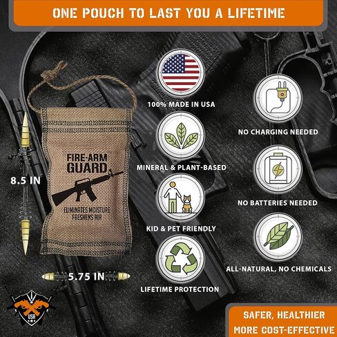 Fire-Arm Guard Gun Safe Dehumidifier, All Natural USA Made Moisture Absorbers - Lifetime Reusable Mini Humidity Pouch for Safes, Car, Closet, Shoe & Gym Bag, Children & Pet Friendly (Rifle Style) in Saudi Arabia