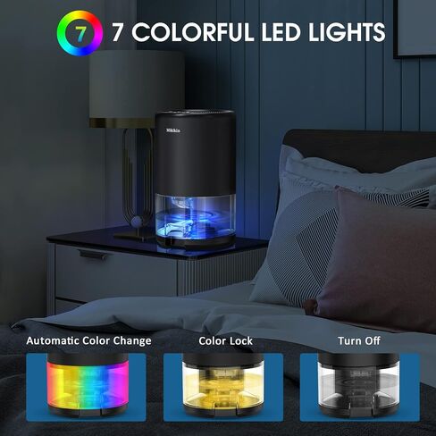 مزيلات رطوبة صغيرة للمنزل بسعة 35 اونصة بسعة 2600 قدم مكعب مع اغلاق تلقائي واضاءة LED بـ7 الوان هادئة للغاية وقابلة للحمل لغرفة النوم والحمام والخزانة والمكتب in Saudi Arabia