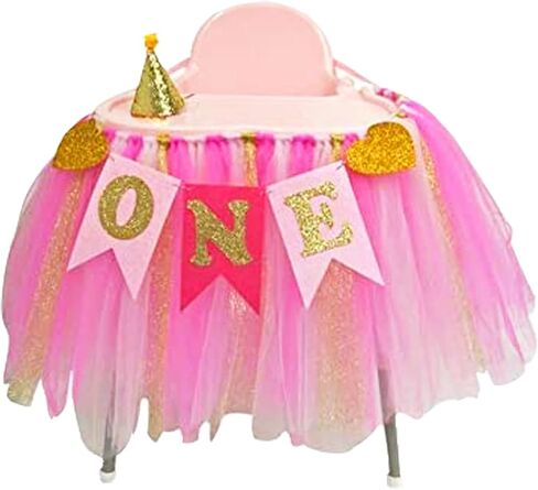 Kaptin 1st Birthday Baby Gold Pink Tutu Skirt and Banner for High Chair Decoration for Party Supplies (Pink) in Kuwait