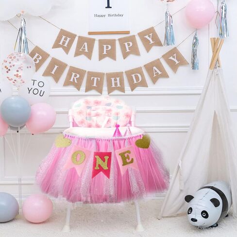 Kaptin 1st Birthday Baby Gold Pink Tutu Skirt and Banner for High Chair Decoration for Party Supplies (Pink) in Kuwait