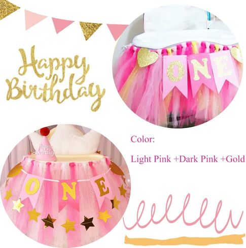 Kaptin 1st Birthday Baby Gold Pink Tutu Skirt and Banner for High Chair Decoration for Party Supplies (Pink) in Kuwait