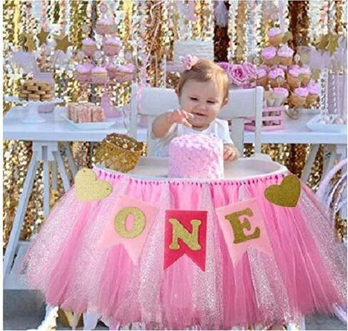Kaptin 1st Birthday Baby Gold Pink Tutu Skirt and Banner for High Chair Decoration for Party Supplies (Pink) in Kuwait