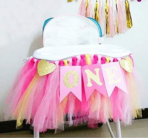Kaptin 1st Birthday Baby Gold Pink Tutu Skirt and Banner for High Chair Decoration for Party Supplies (Pink) in Kuwait